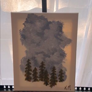 Blue and green painting of sky and trees